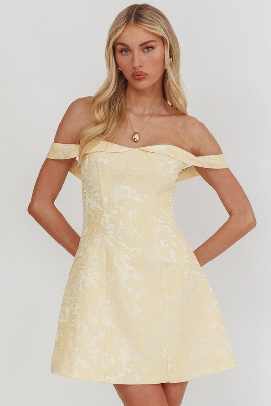 Mikado Off-Shoulder Foldover Mini Dress Jacquard Butter