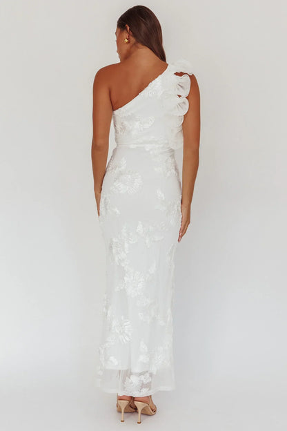 Deanna One-Shoulder Ruffle Maxi Dress Floral Texture White