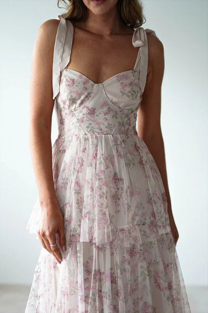 Tie Up Floral Print Tiered Maxi Dress