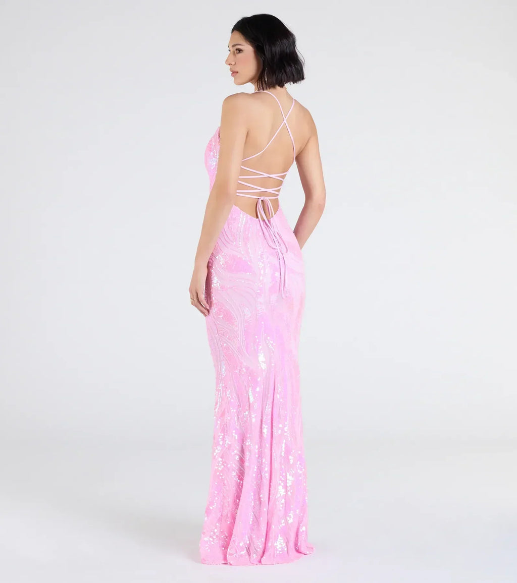 Acacia Iridescent Sequin Lace-Up Formal Dress