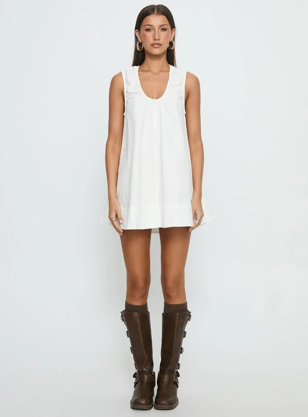 Eberta Ruched Baby Doll Mini Dress White