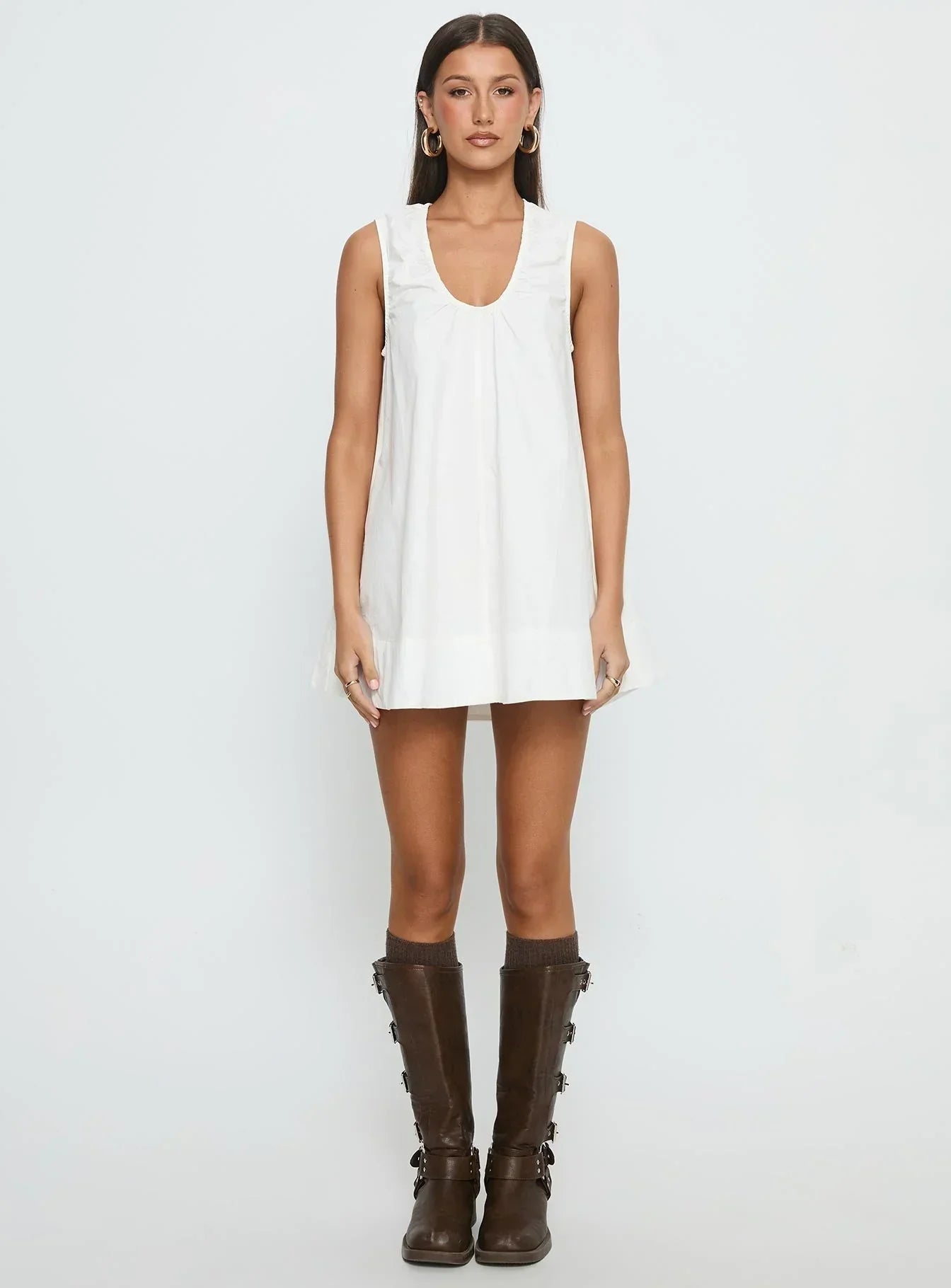 Eberta Ruched Baby Doll Mini Dress White