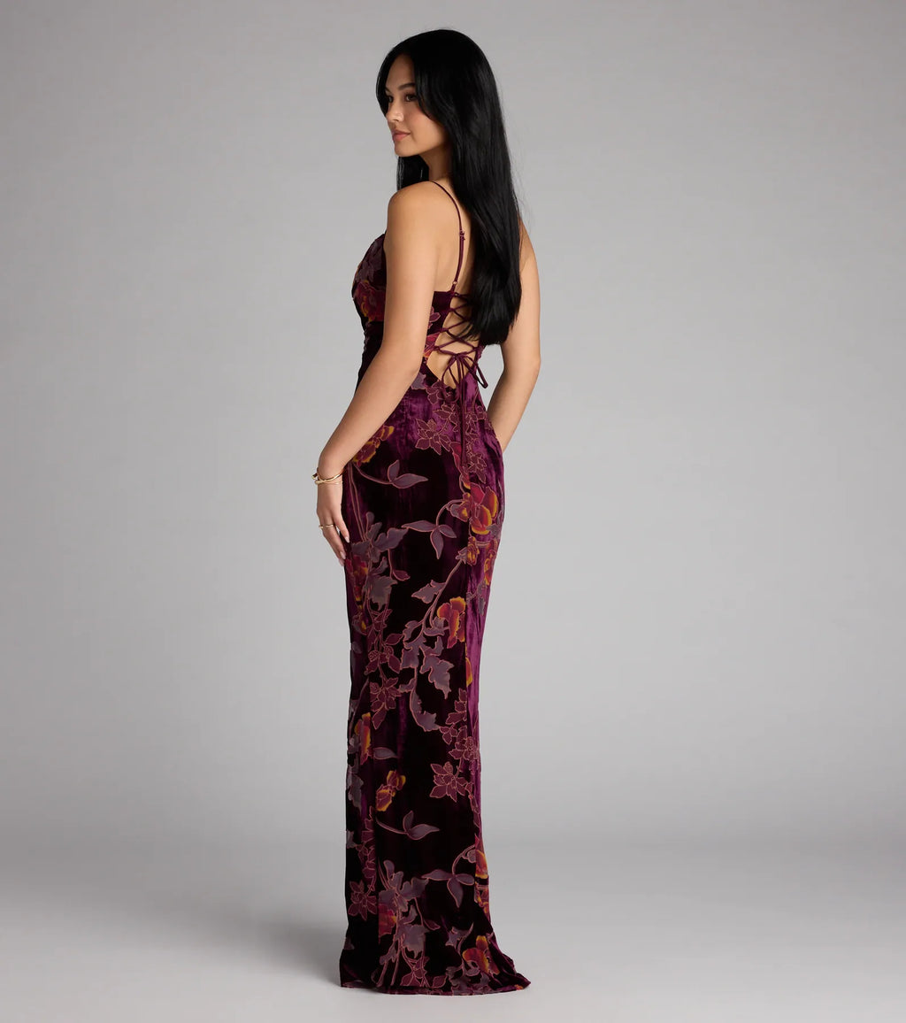 Melanie Floral Velvet Lace-Up Formal Dress