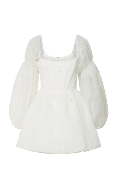 Ingrid Mini Dress - Long Puff Sleeve Pearl Detail Dress in White