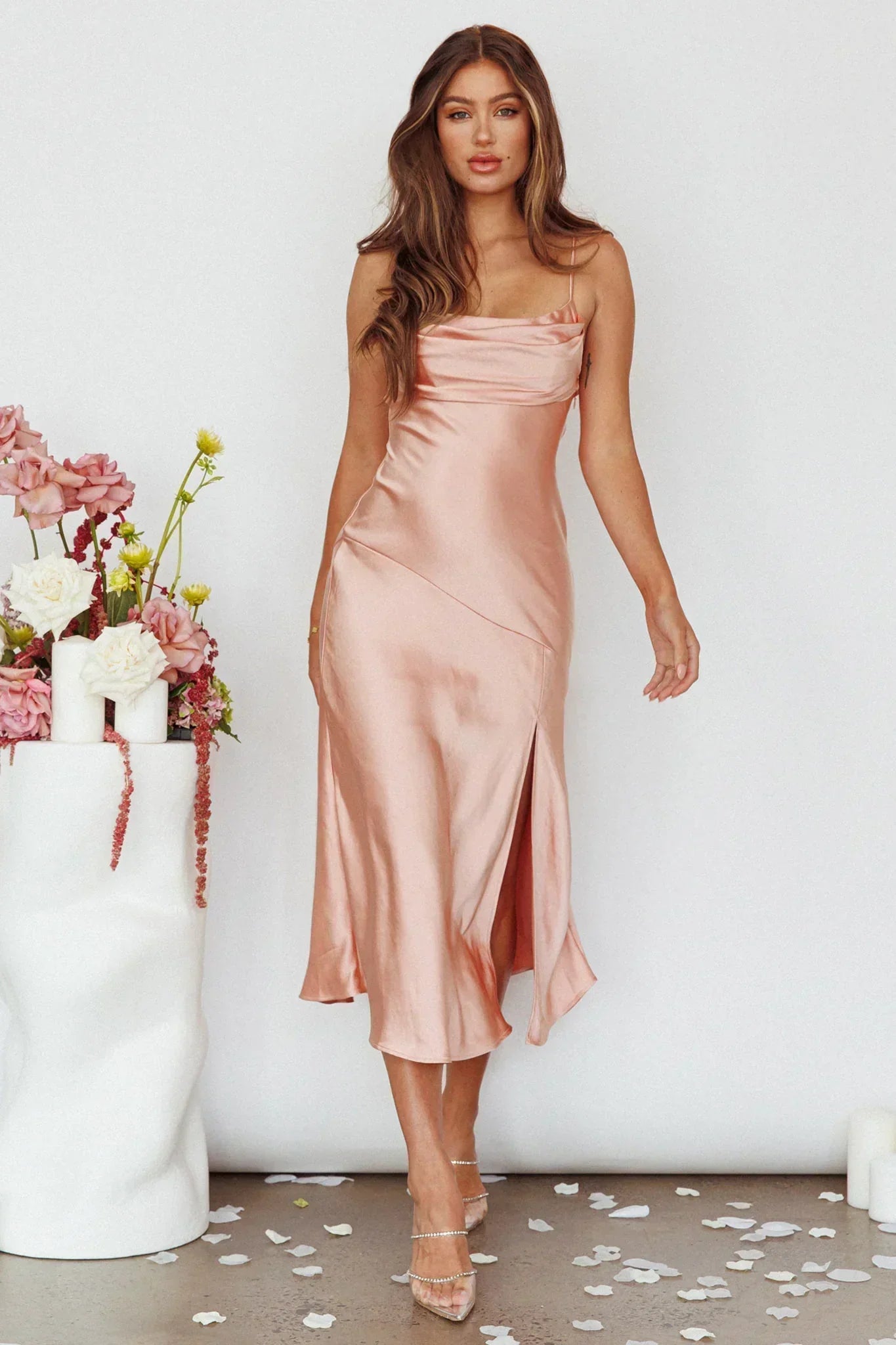 Well Versed Pleated Bust Front Split Dress Desert Rose