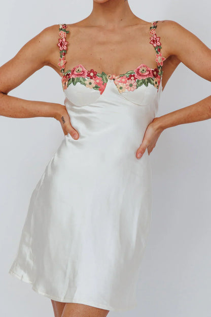 Rose Garden Floral Applique Mini Dress Oyster
