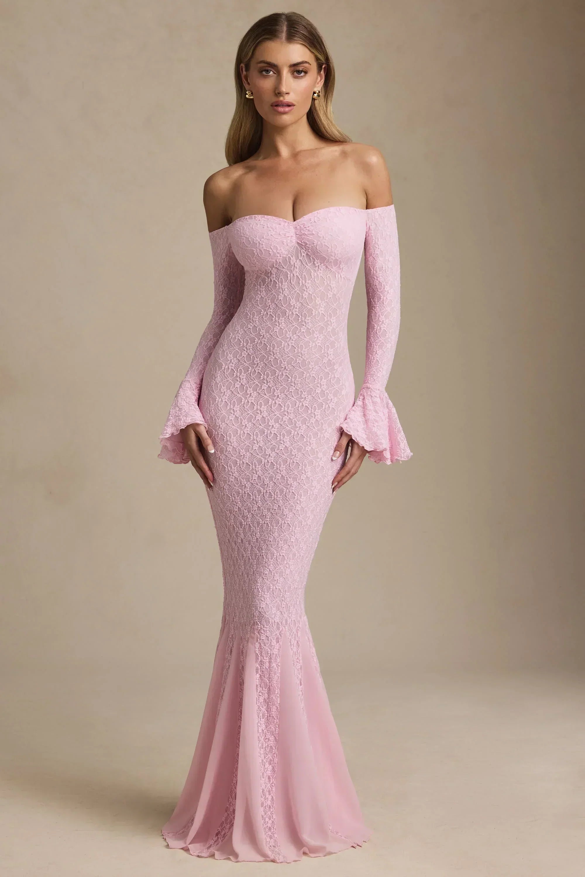Off-Shoulder Ruffle Lace Maxi Dress in Soft Pink