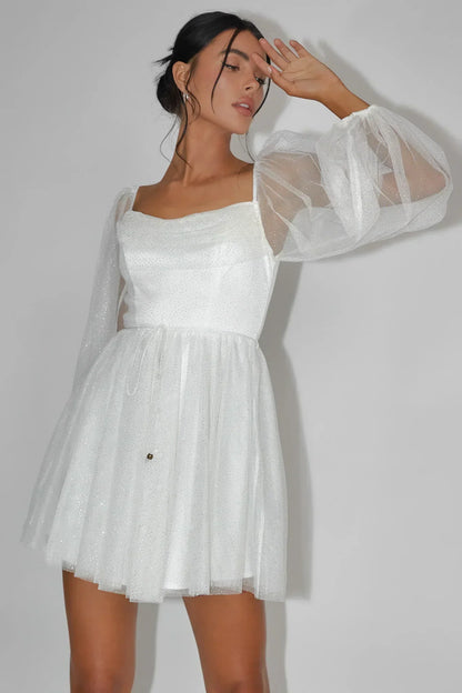 Fairytale Dream Pleat Neckline Mini Dress Sparkle White/Gold