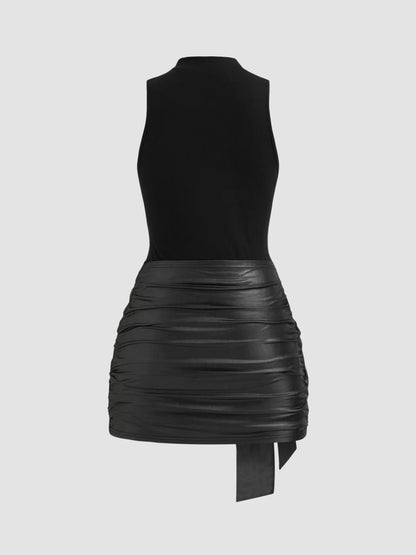 High Neck Ruched Knotted Mini Dress