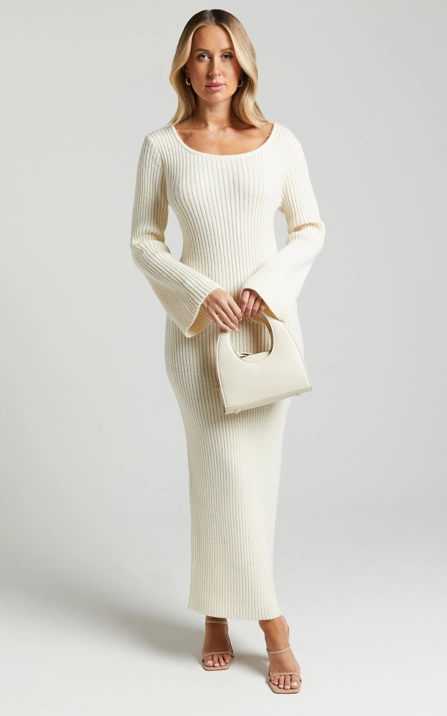 Nina knitted Maxi Dress - Scoop Neck Knitted Maxi Dress in Beige