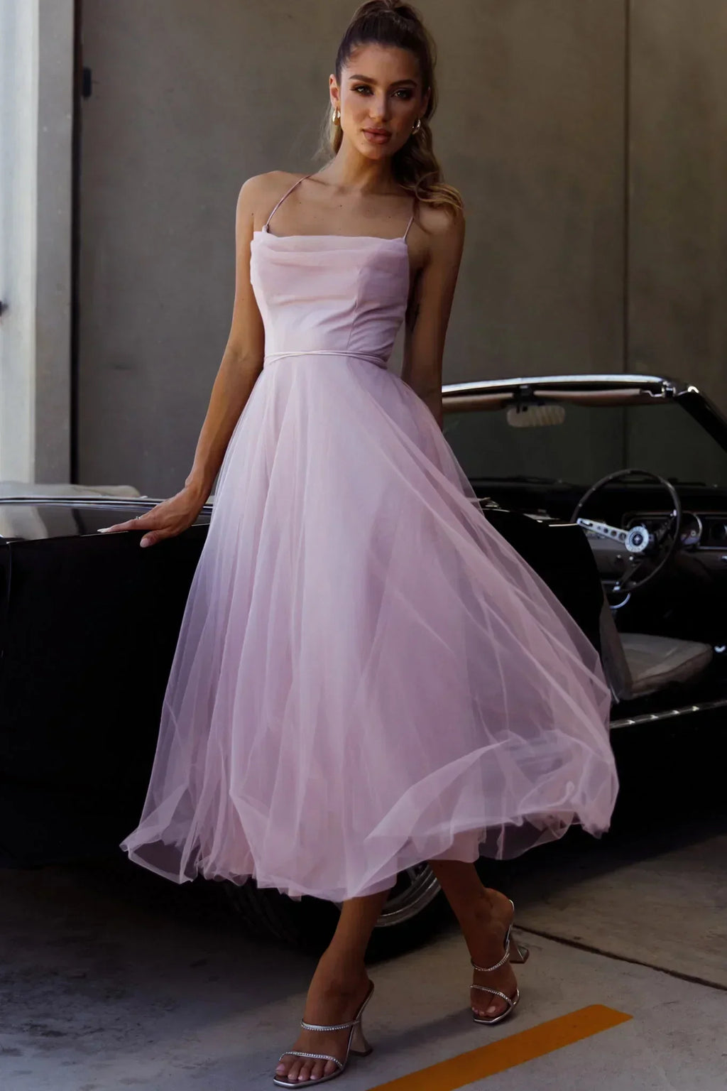 Floating By Pleated Neckline Mesh Midi Dress Blush