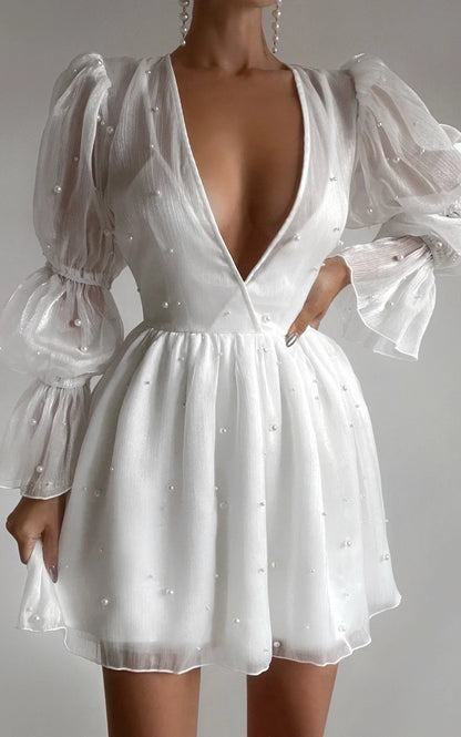 Solanna Mini Dress - Long Puff Sleeve V Neck Dress in White