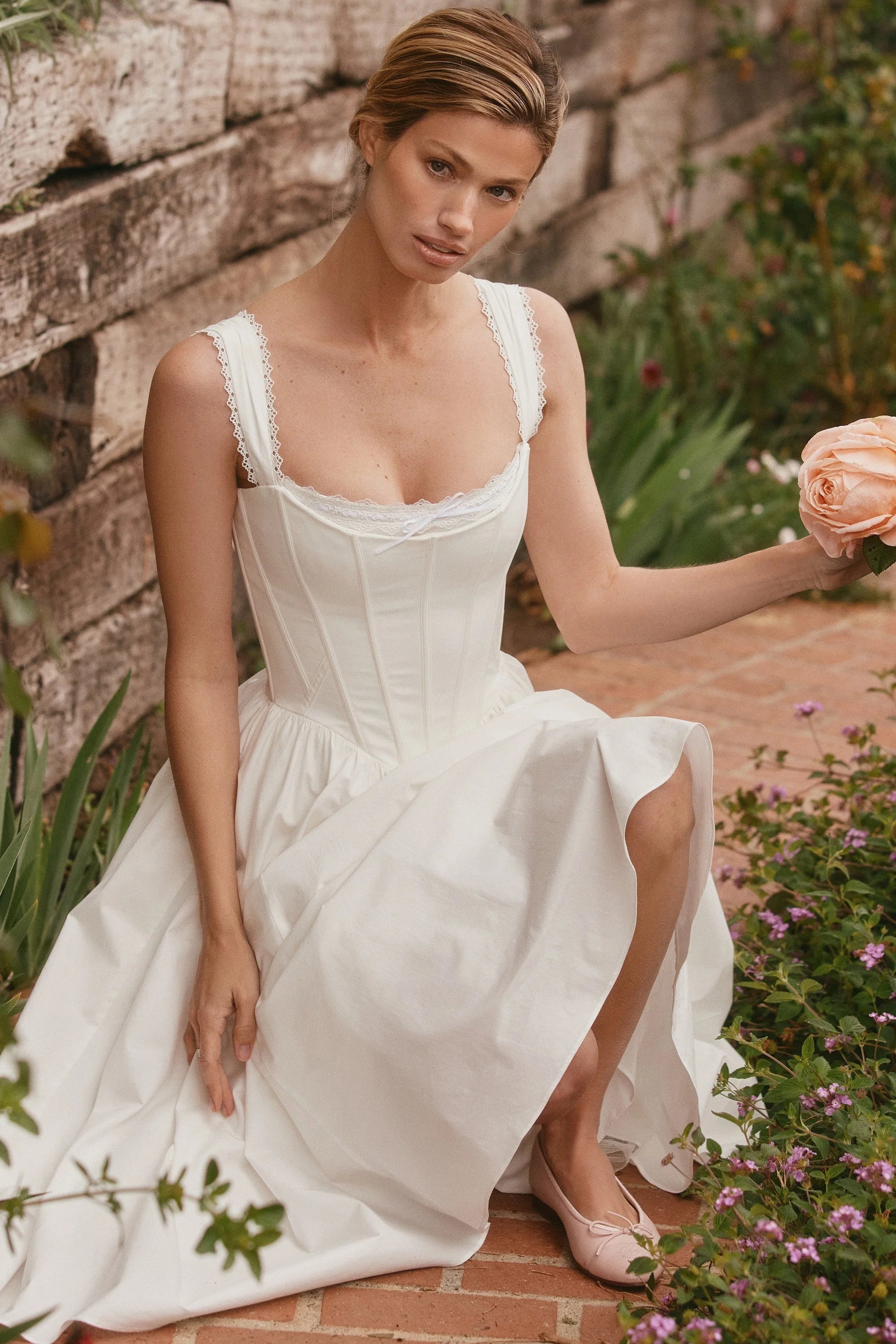 White Stretch Cotton Corset Midi Dress