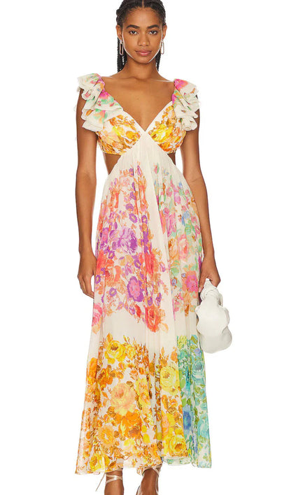 Bloomelia | Floral Print & Ruffles Maxi Dress