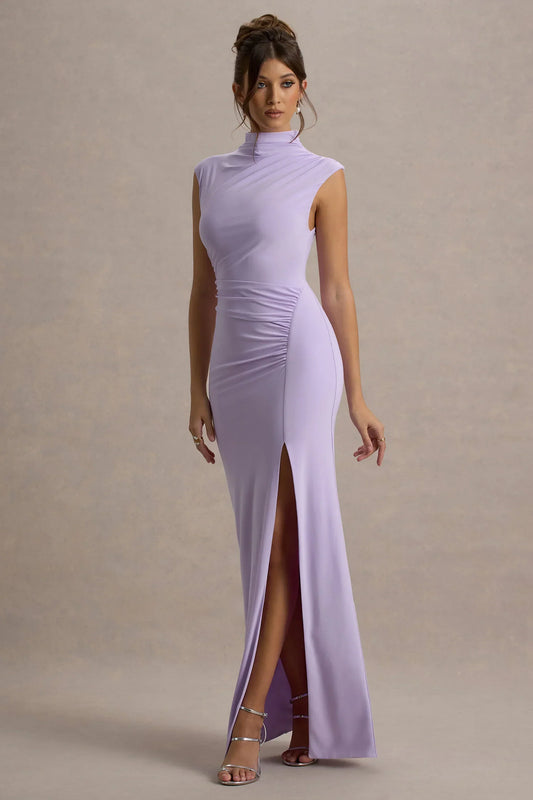 Lanetta | Lilac Ruched High-Neck Maxi Dress With Split