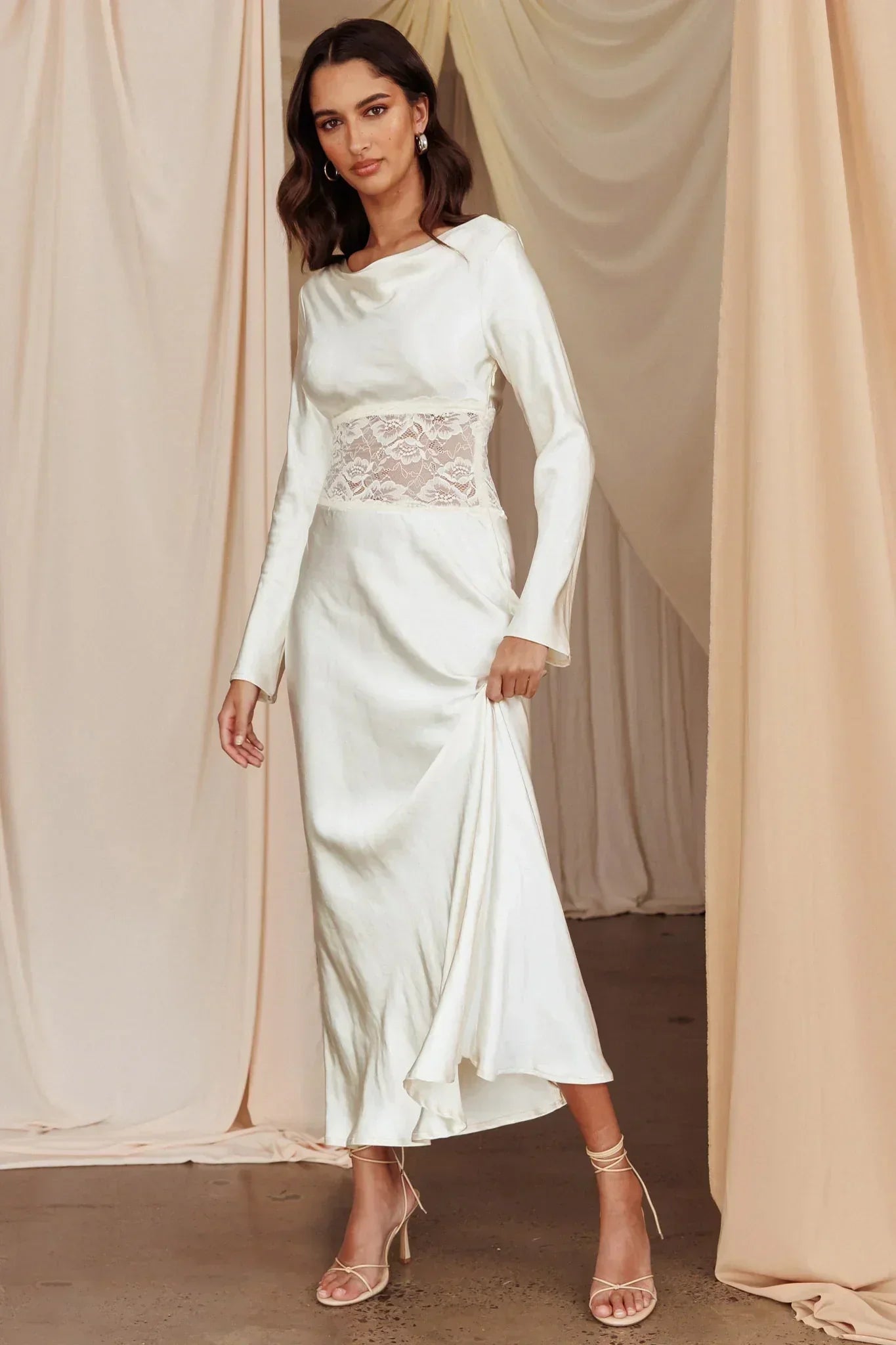 Loveland Lace Insert Cowl Back Dress Oyster