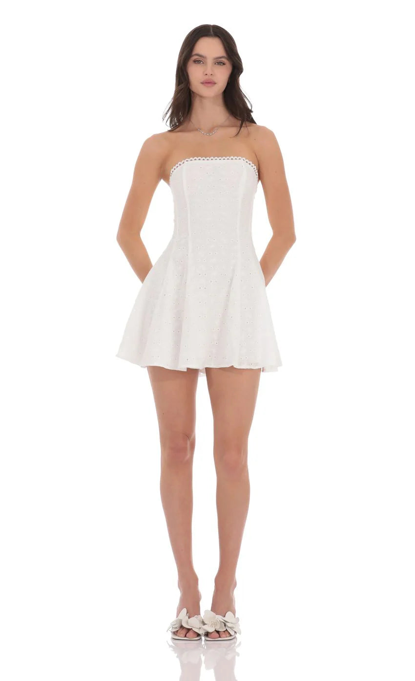 Eyelet Floral Strapless Dress in White