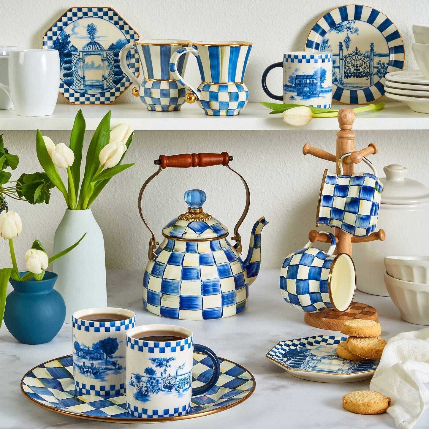Royal Check Blue Enamel Tea Kettle by Mackenzie-Childs 1,89L