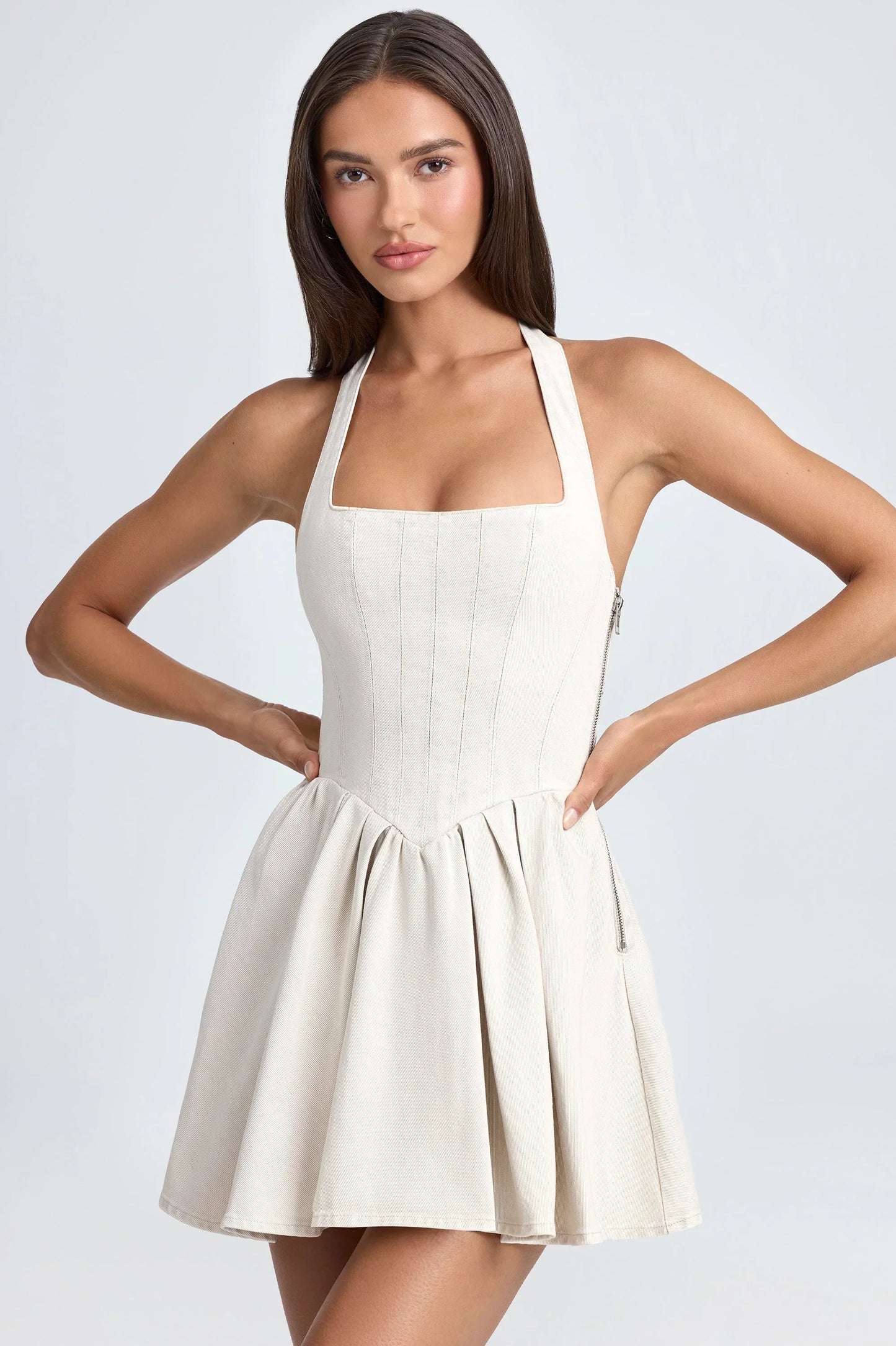 Halterneck Corset Micro Mini Dress in Ecru