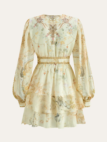 Semi-Sheer Chiffon Floral Printed Ruffled Mini Dress