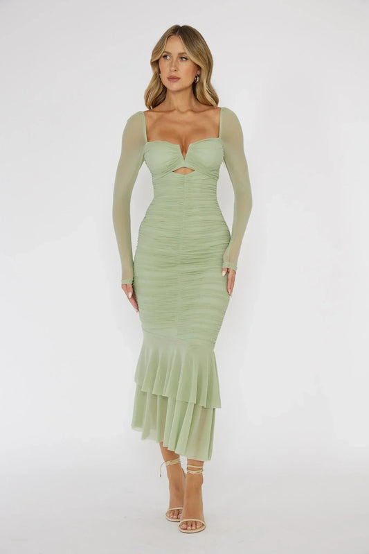 Nadia Long Sleeve Fishtail Midi Dress Mint