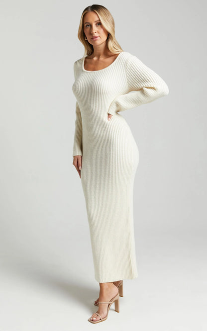 Nina knitted Maxi Dress - Scoop Neck Knitted Maxi Dress in Beige
