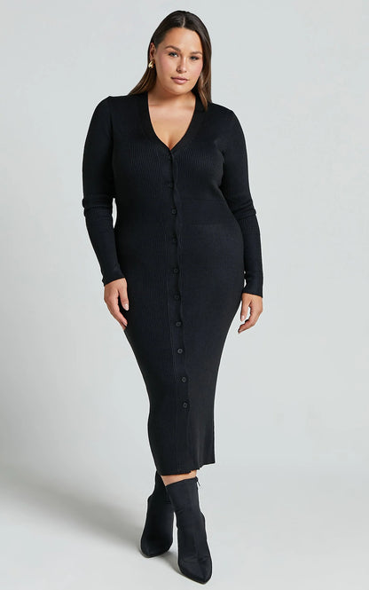 Leahanna Midi Dress - Button Front Knit Dress in Black