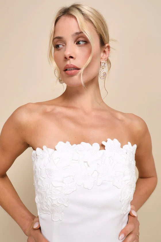 Unforgettable Icon White Satin Strapless Floral Mini Dress