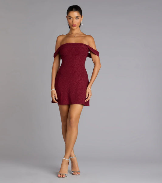 Classic Glitz Glitter Knit Off-The-Shoulder Mini Dress