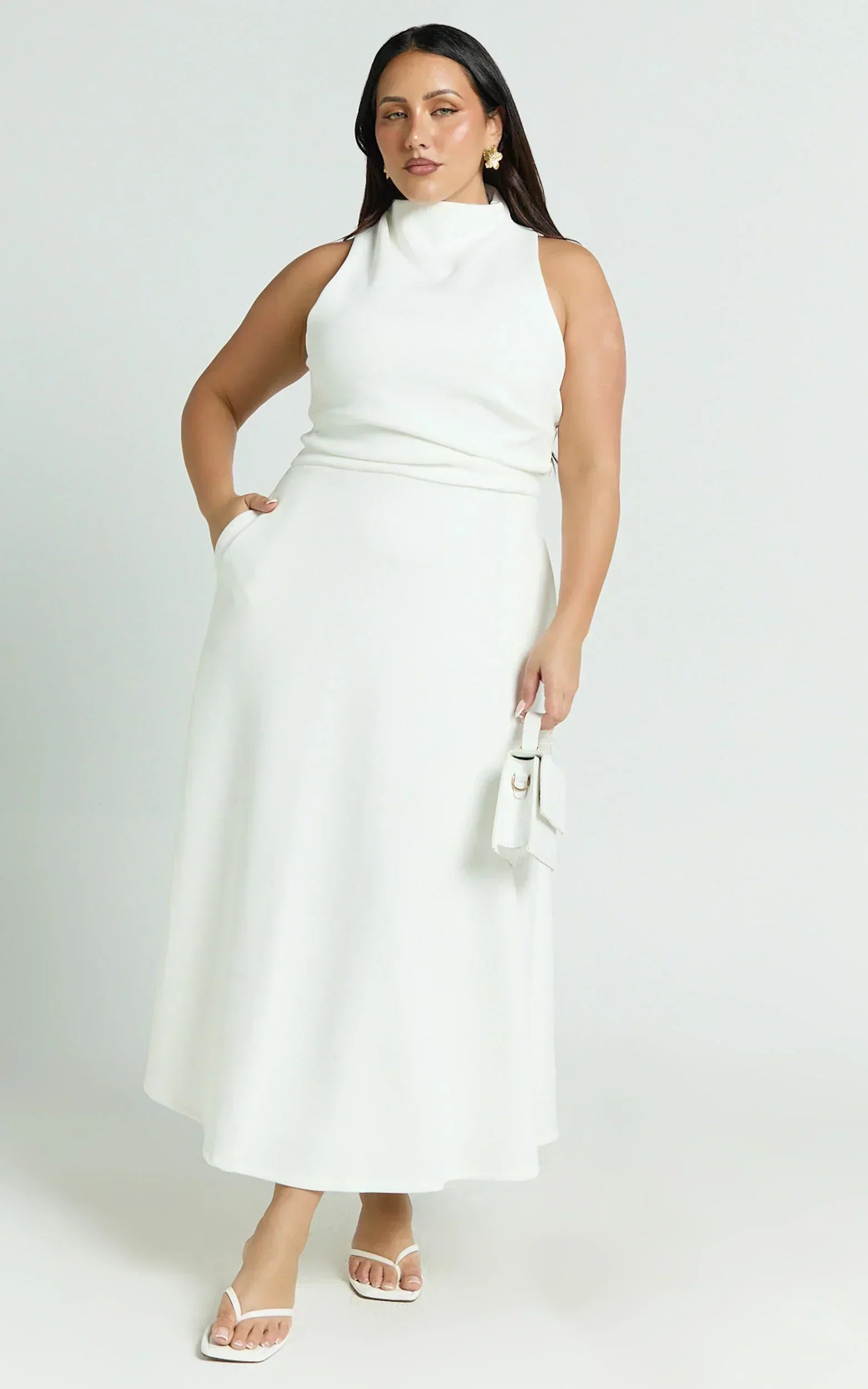 Macy Midi Dress High Neck A Line Dress in Off White