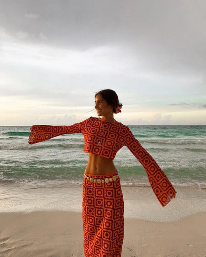 Elorine – Long Sleeve Wrap Set with Maxi Skirt